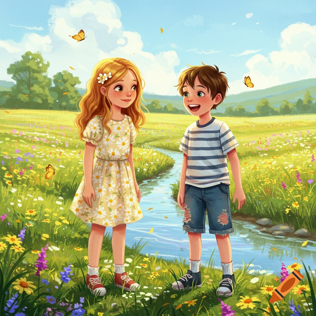 A boy and a girl stand smiling in a vibrant, sunlit meadow filled with colorful wildflowers and a winding stream, in a cheerful illustration.