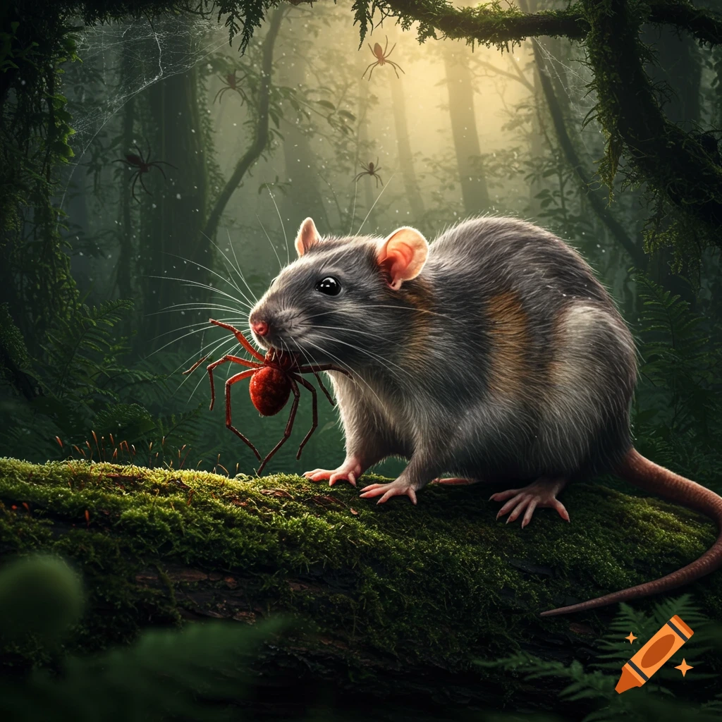 A photorealistic rat holds a large red spider in its mouth, standing on a mossy log in a lush jungle with other spiders in the background.