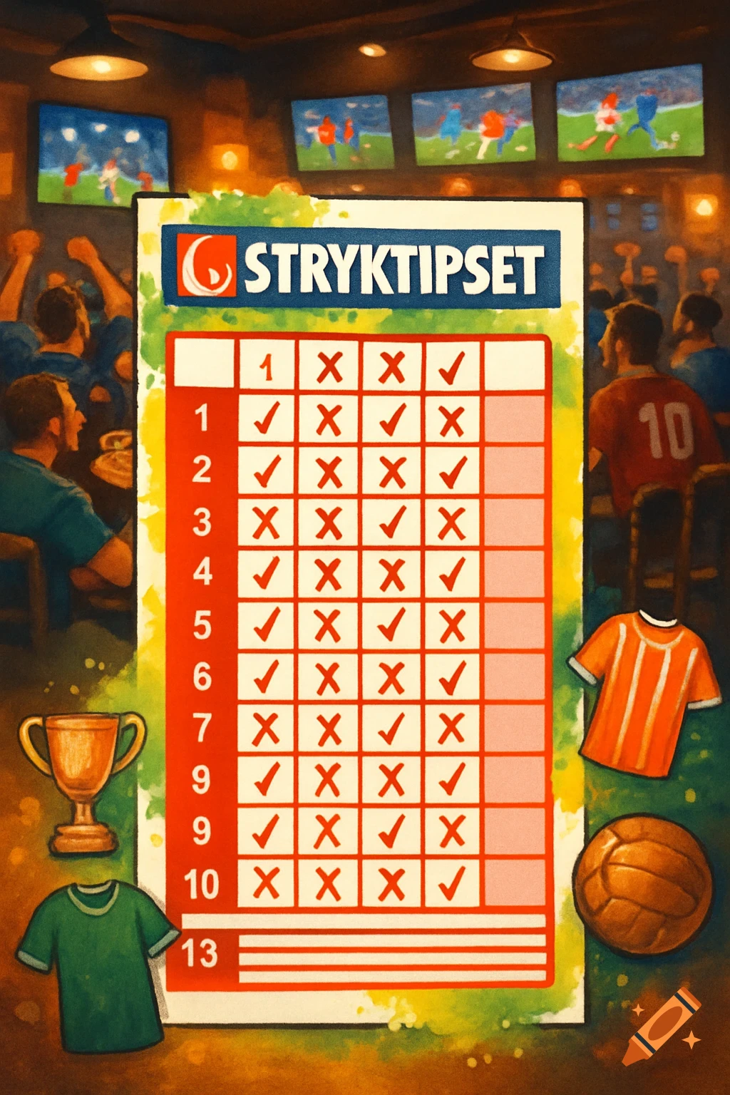 An illustrative image featuring a large 'Stryktipset' betting coupon with checkboxes. Around it are elements like a golden trophy, two football jerseys, a football, and blurred figures watching sports on TV in a dimly lit bar setting.