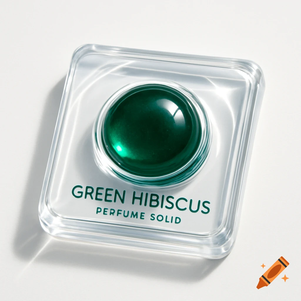 Close-up of a square transparent plastic solid perfume case with a dark green circular center, labeled 'GREEN HIBISCUS PERFUME SOLID'.