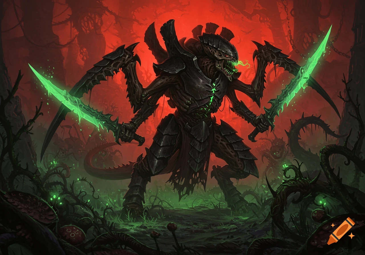 A monstrous, multi-limbed alien in dark armor holds two glowing green swords in an eerie, red-skied organic landscape.