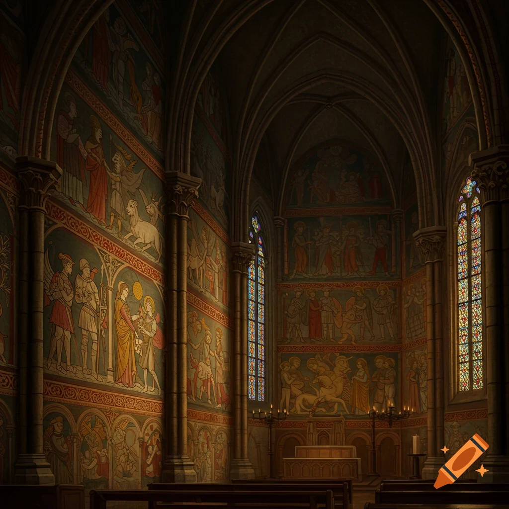 Interior of a medieval church with colorful frescoes and stained glass windows, lit by sunlight.