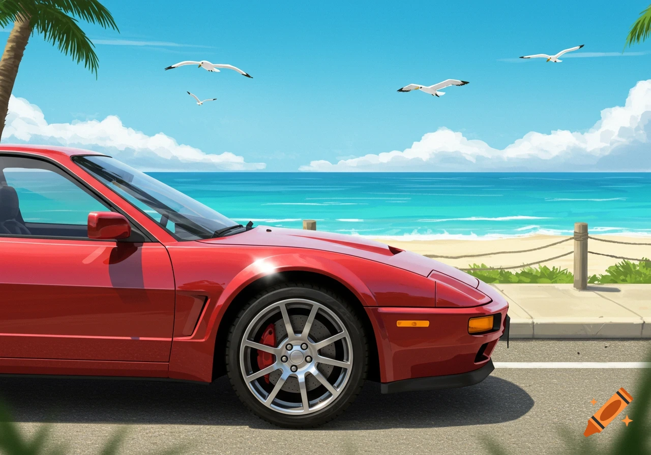 A vibrant red Porsche 944 Cabriolet convertible sits on a wet road at ...