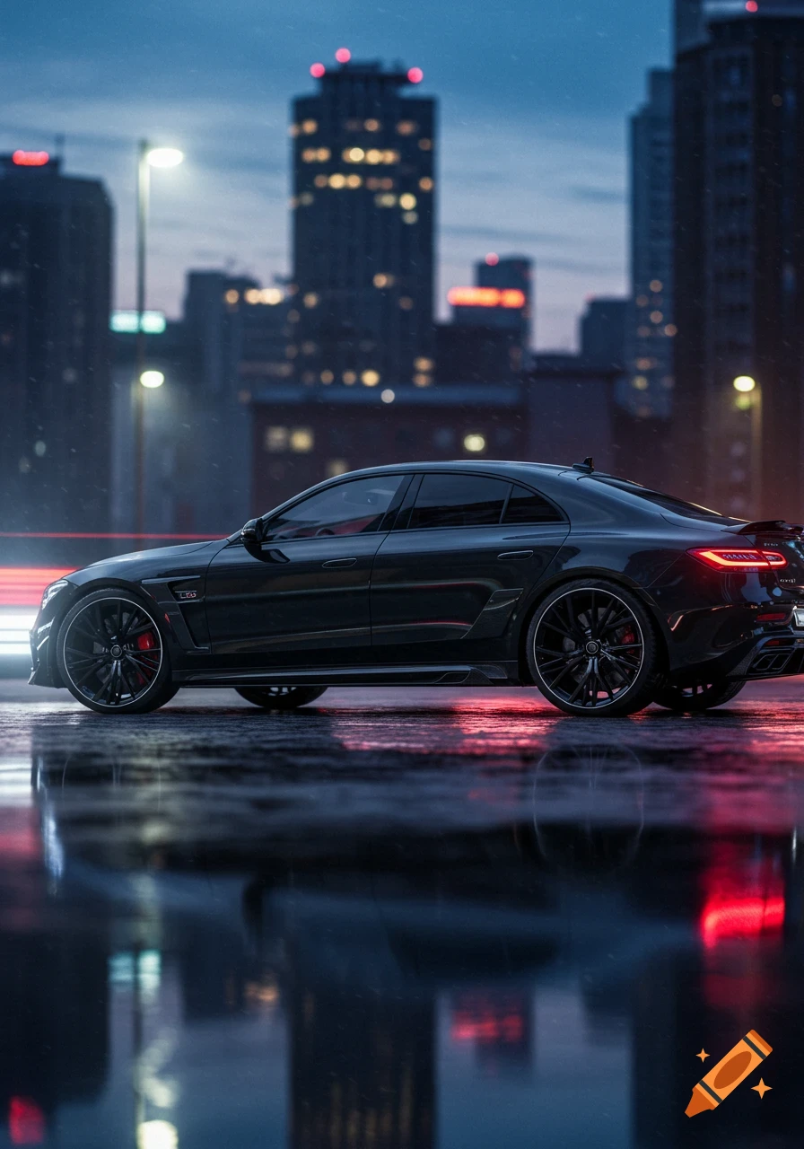A dark luxury sedan with red brake calipers is parked on a wet street at night, reflecting city lights and buildings.