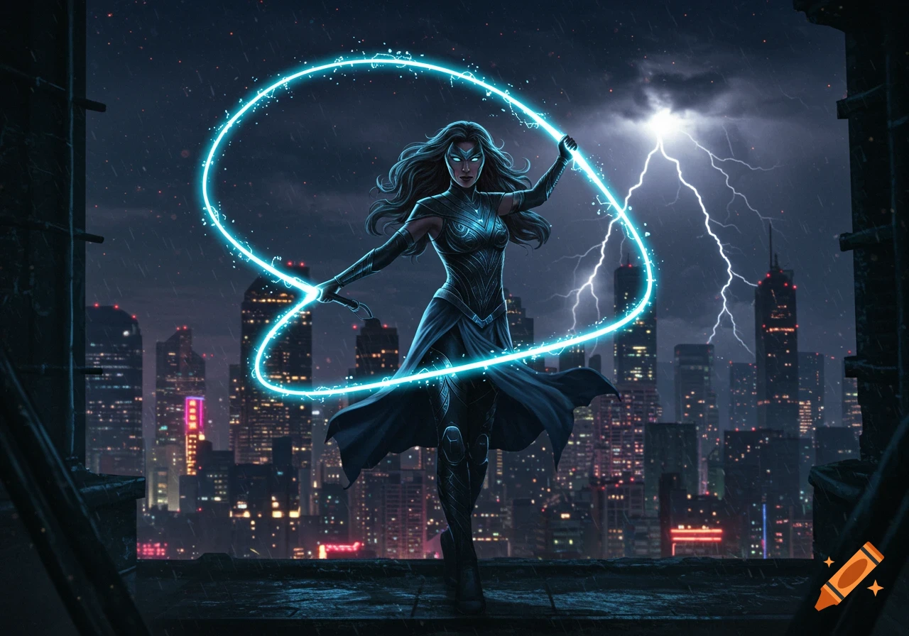 Female superhero creating a glowing blue energy whip on a city rooftop during a lightning storm, digital art.