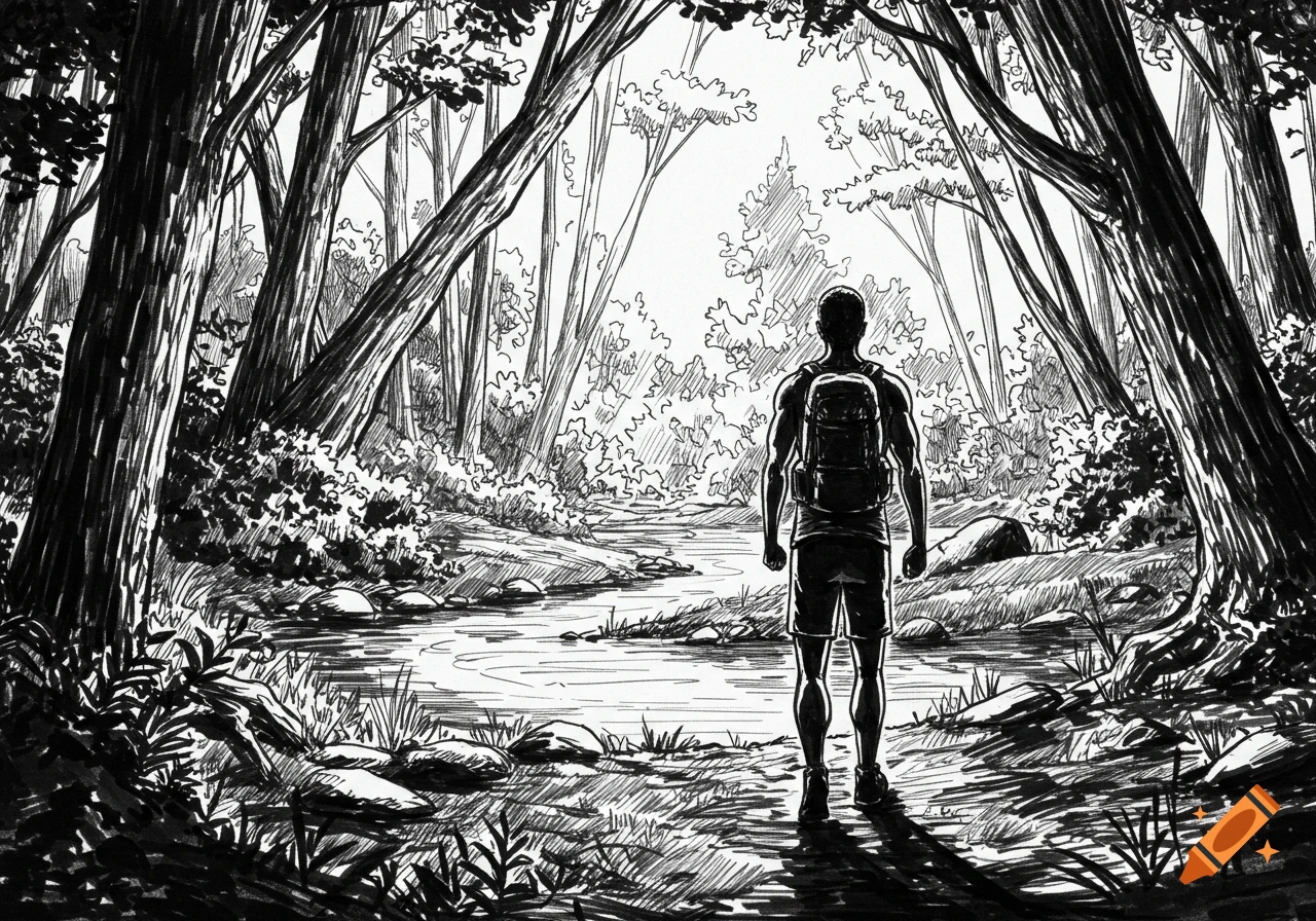 Black and white drawing of a person with a backpack, back to viewer, hiking through a forest with a river.
