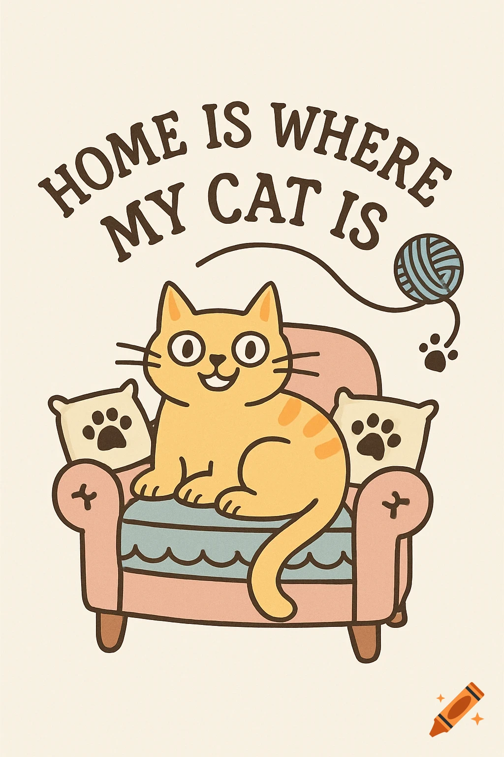 A cute cartoon orange tabby cat sits on a pink and blue armchair with paw print pillows. Above it, the text reads 'HOME IS WHERE MY CAT IS' with a yarn ball.