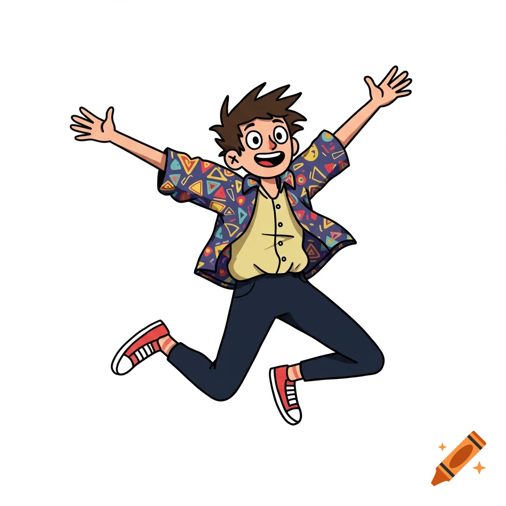 A joyful cartoon boy jumps with arms wide, wearing a colorful shirt, dark pants, and red sneakers.