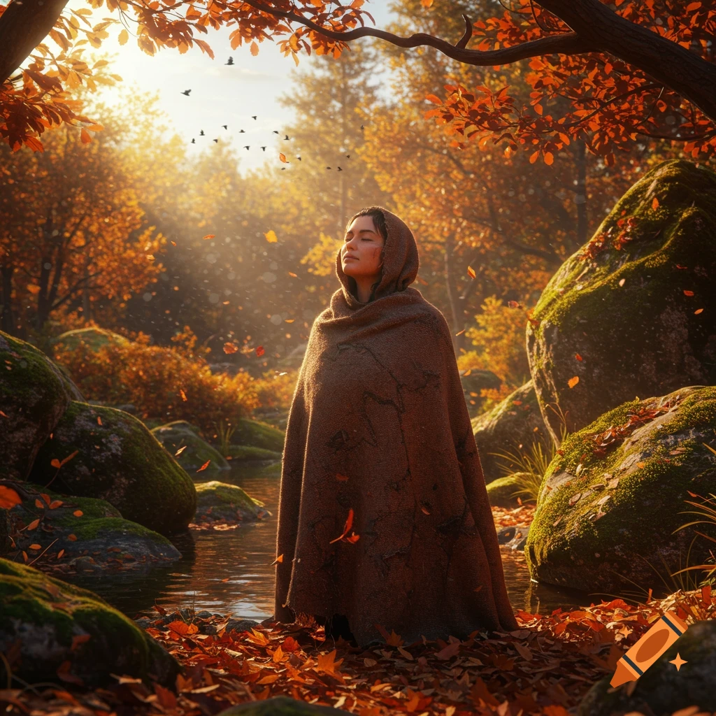 A person in a brown cloak stands with closed eyes in a golden autumn forest, surrounded by fall leaves and a stream, bathed in sunlight.