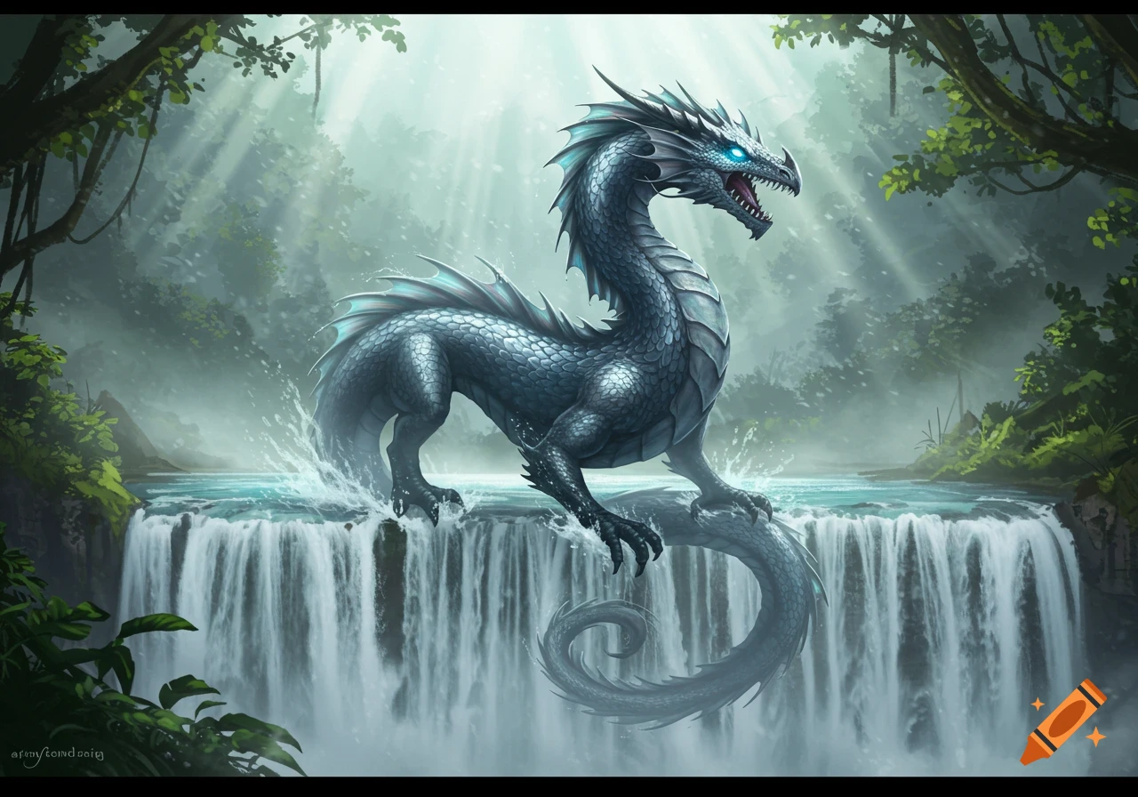 A majestic blue-grey dragon with glowing blue eyes stands in a lush, misty forest, perched atop a powerful waterfall.
