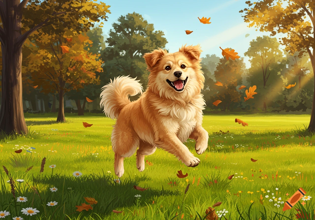 A fluffy golden-brown dog joyfully leaps through a vibrant green park with falling autumn leaves.