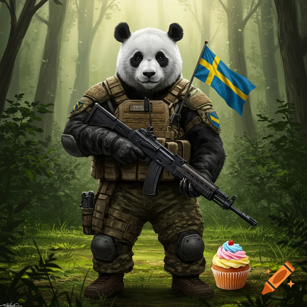 A cartoon military panda in camouflage holds a rifle and Swedish flag in a forest, with a cupcake at its feet.