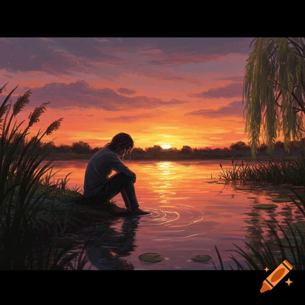 A crying person sits by a serene lake at sunset, surrounded by reeds and a willow tree, in a digital painting style.