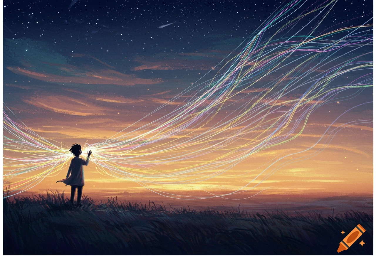 Illustrated person on a grassy hill at sunset, reaching out to colorful, flowing light streams under a starry sky.