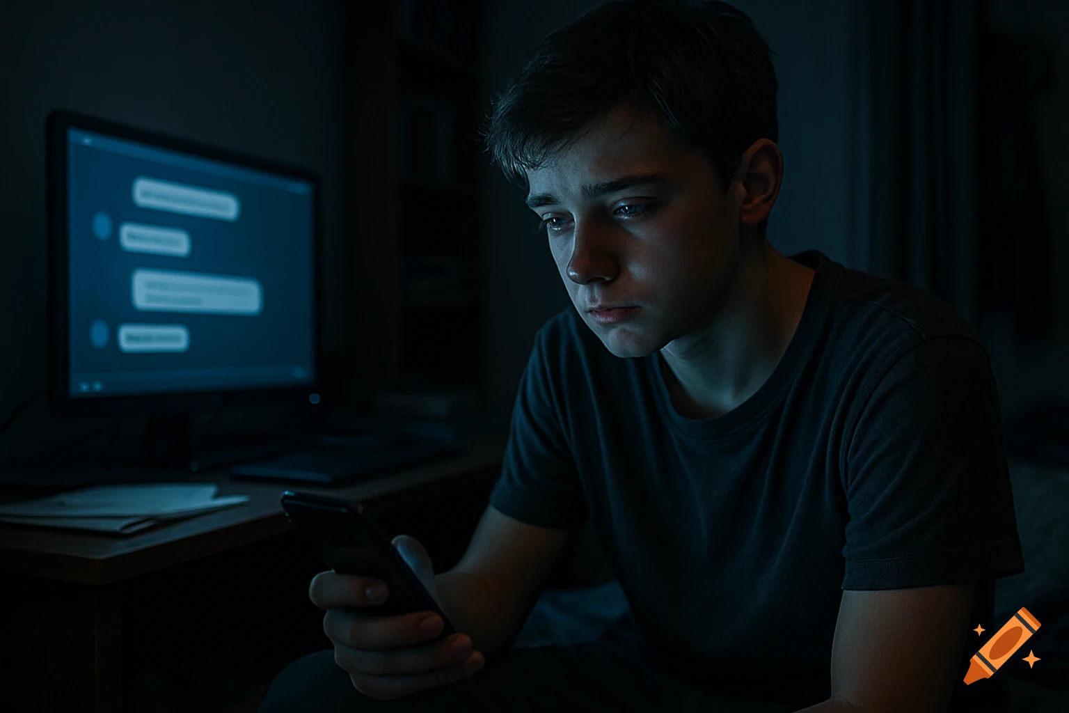 A sad, anxious teenager looks at a phone in a dark room, lit by screens showing message bubbles, suggesting cyberbullying.