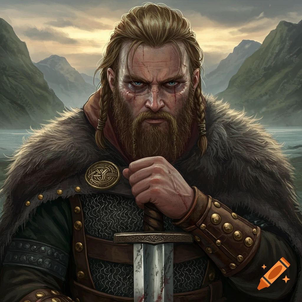 A rugged Viking warrior with braided hair, a long beard, and scars on his face, holding a bloody sword. Mountains and a lake are in the background.