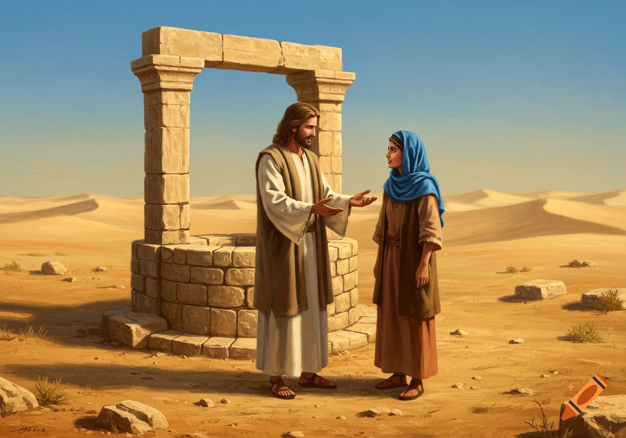 Jesus talks to a woman by a stone well in a vast desert under a clear sky, in a detailed painting style.