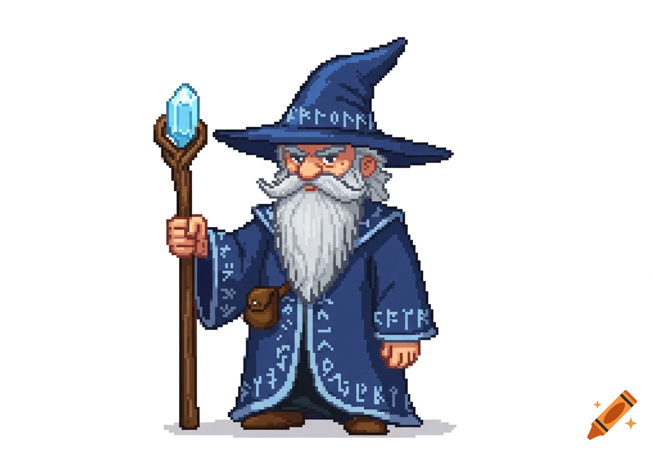 A pixel art wizard with a white beard and blue robe holds a staff with a blue crystal.
