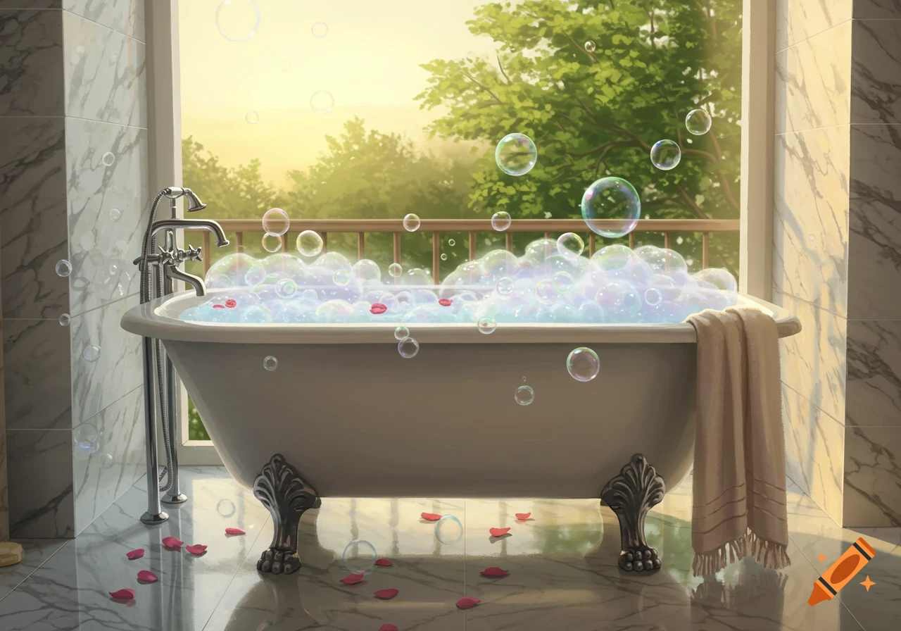 Illustration of a luxurious bubble bath in a claw-foot tub with rose petals, bubbles, and a view of a green landscape at sunset.