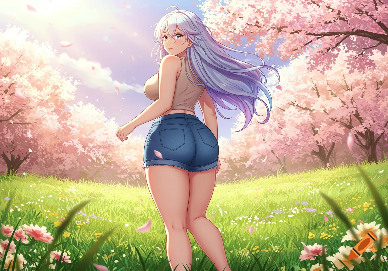 Anime woman with long purple hair in shorts and tank top, looking back in a field of cherry blossoms and flowers.