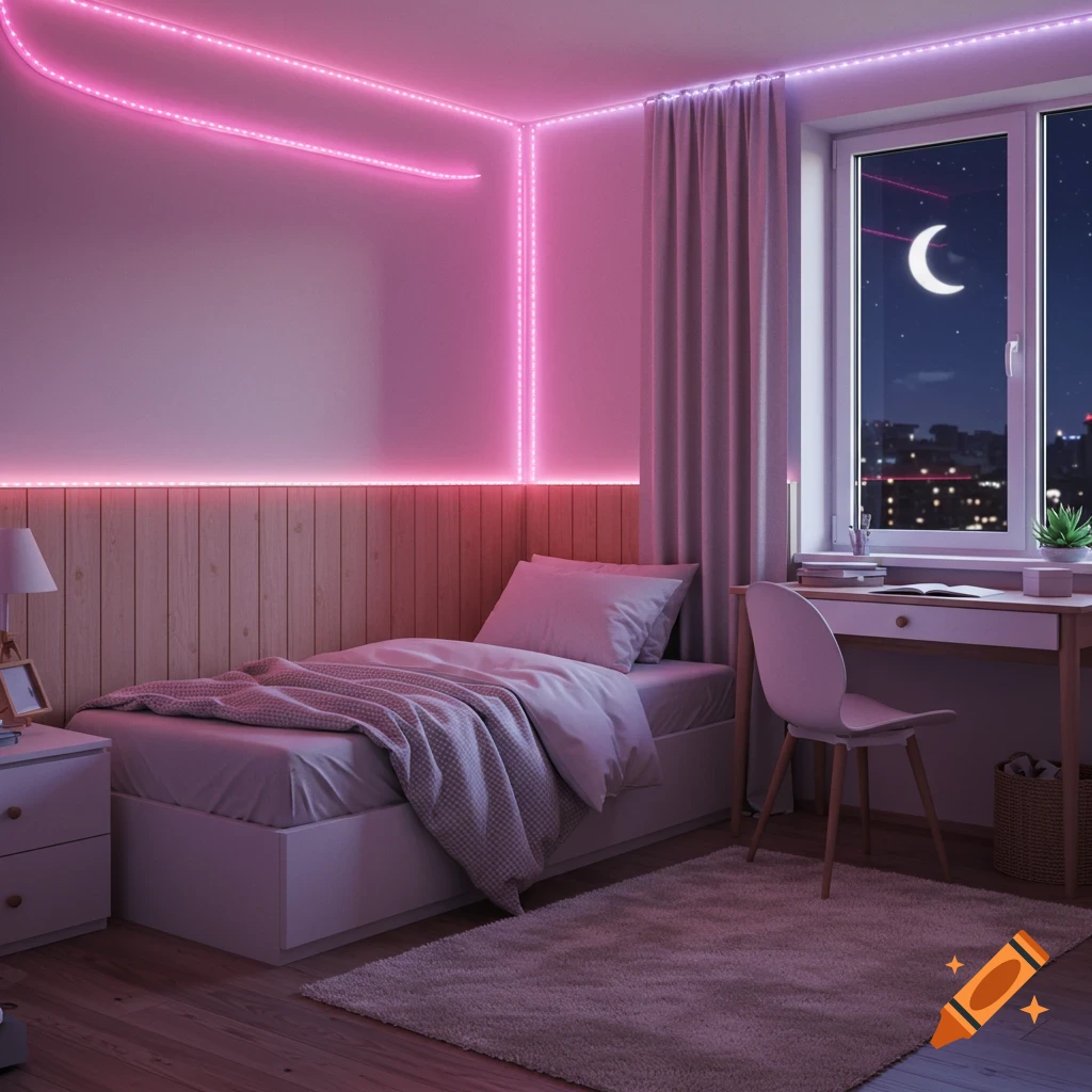 Cozy modern teenage bedroom at night with pink and purple LED strip lights, a single bed, and a desk, under a moonlit sky.