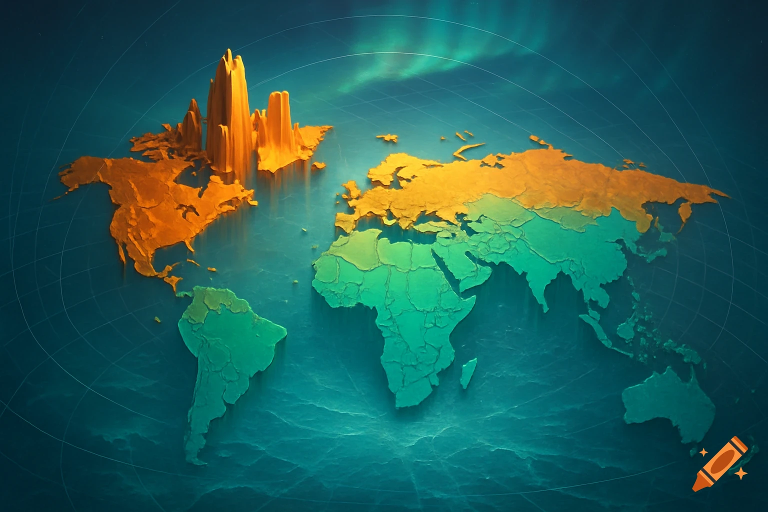 A stylized, textured world map with North America and parts of Eurasia showing tall orange formations and other continents flat and teal.