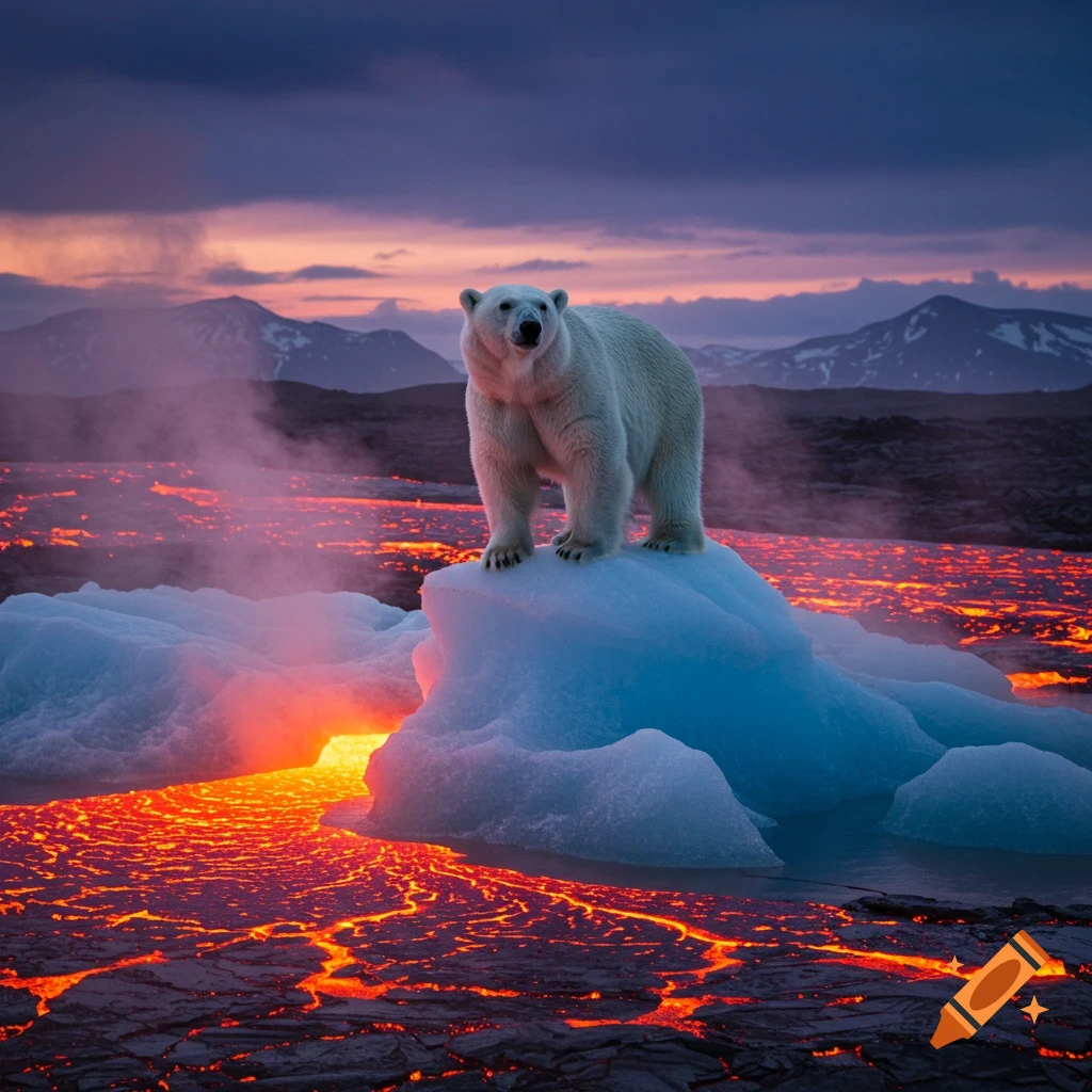 A photorealistic polar bear stands on an iceberg surrounded by glowing lava under a dramatic sunset sky with mountains.
