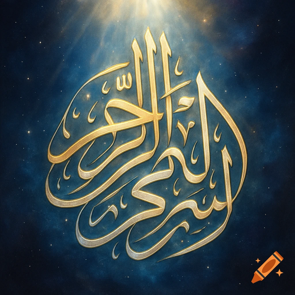 Golden ornate Arabic calligraphy, possibly "Bismillah", glows against a dark blue starry background with celestial light.