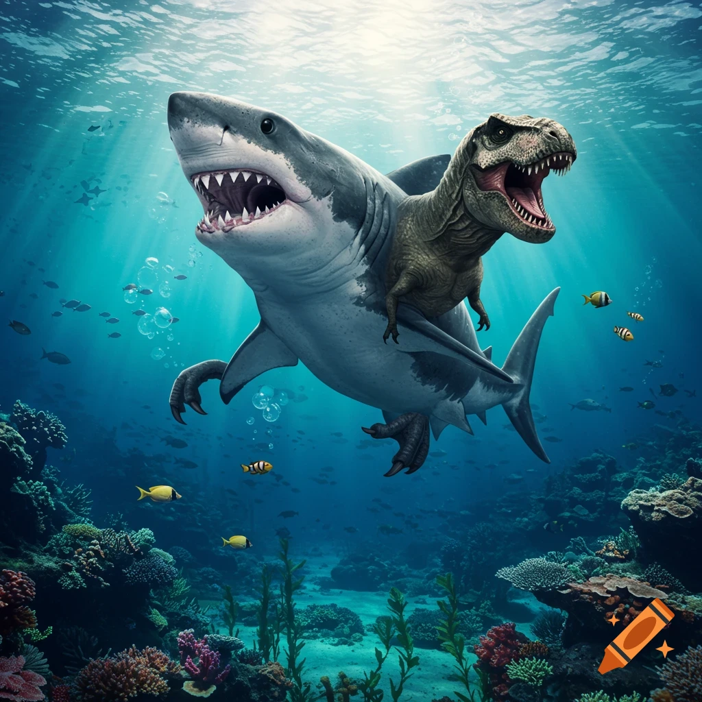 A T-Rex rides on the back of a large great white shark underwater, surrounded by coral reefs, small fish, and sunlight.