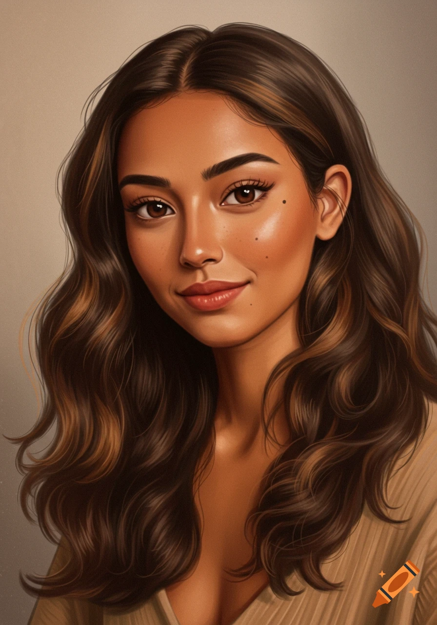 Stylized portrait of a woman with long wavy brown hair, warm olive skin, almond eyes, and a soft smile.