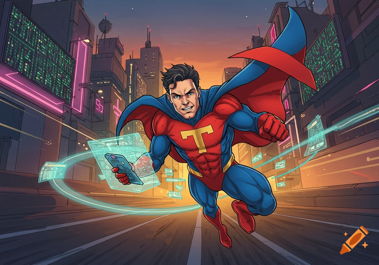 A muscular superhero with a red and blue suit and a cape, emblazoned with a large 'T' on his chest, flies through a futuristic city while holding a smartphone and surrounded by holographic interfaces. The city buildings are lit with neon signs and digital screens displaying green code.