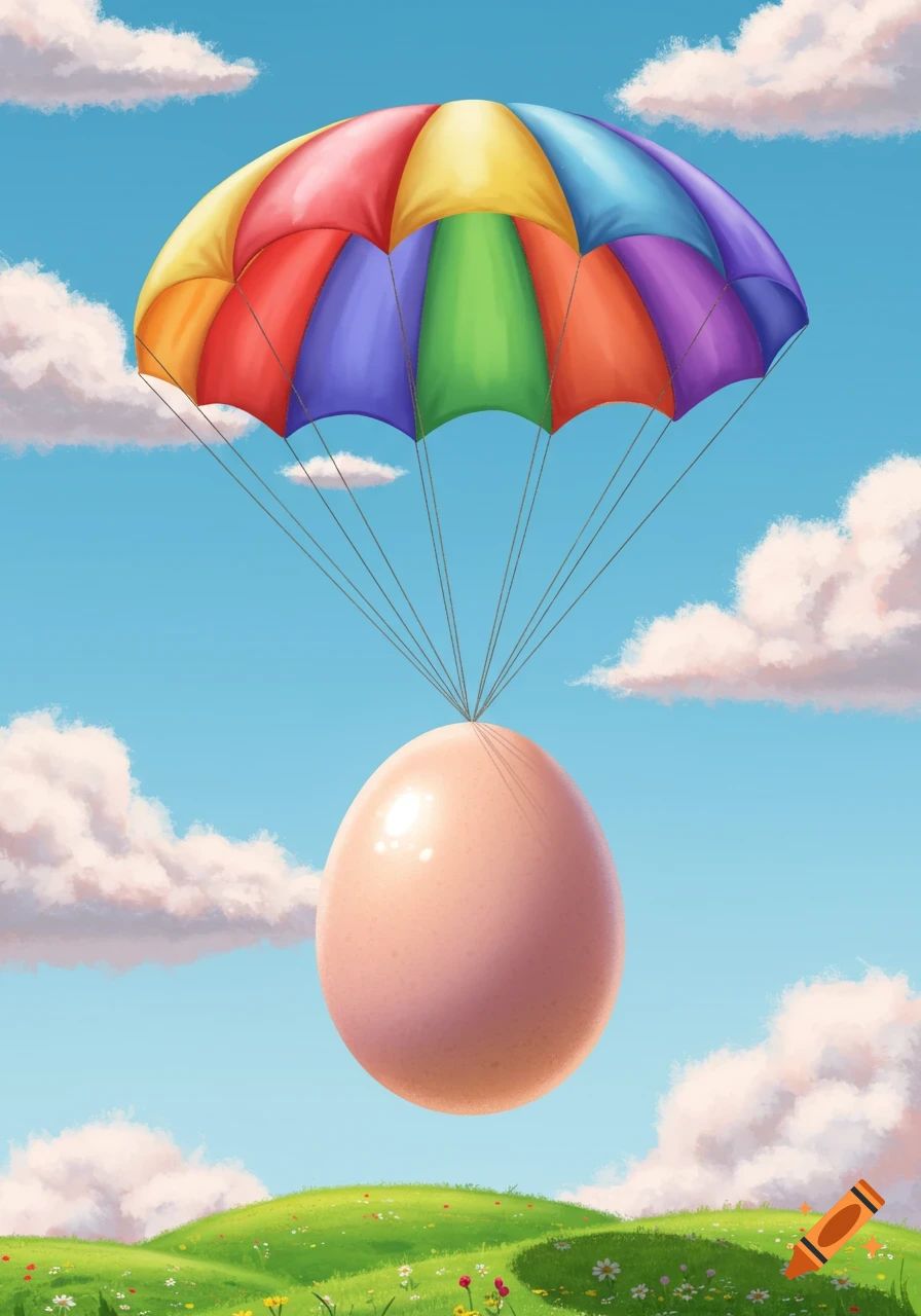 A giant pink egg floats down with a vibrant rainbow parachute over a rolling green hill under a blue sky with fluffy clouds.