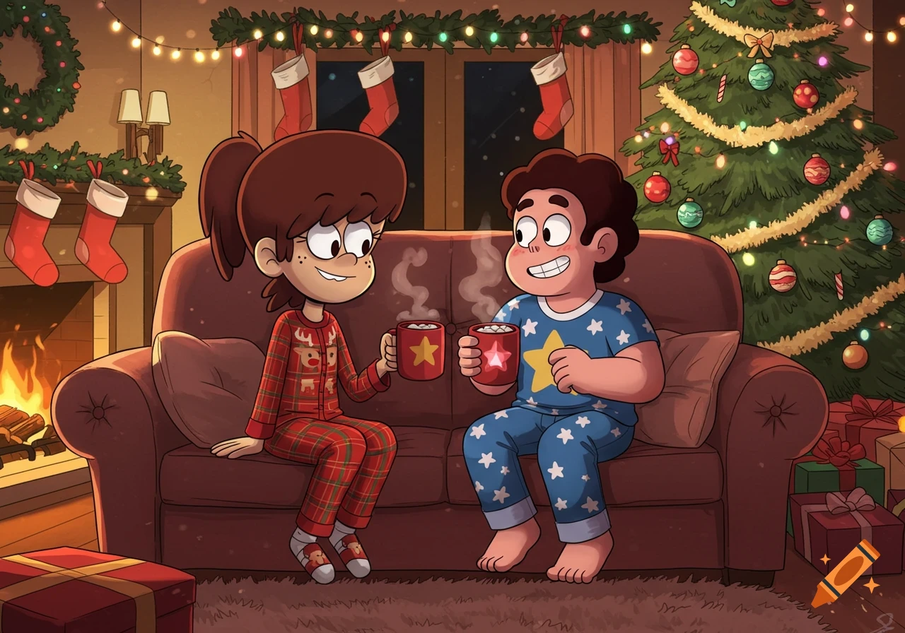 Cartoon characters Lynn Loud Jr. and Steven Universe share cocoa on a couch in a festive living room with a Christmas tree.