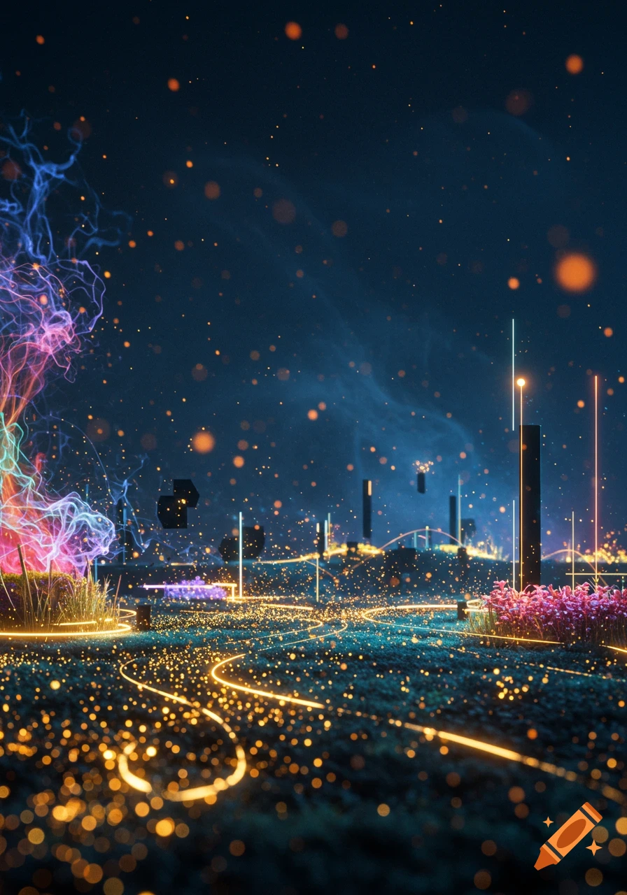 A dark, futuristic landscape with glowing orange particles, electric energy, abstract structures, and luminous paths.
