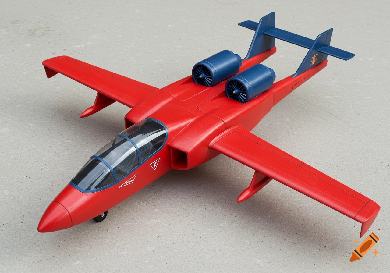 A photorealistic red model airplane with blue twin engines on its fuselage and a blue tail, on a light gray concrete surface.