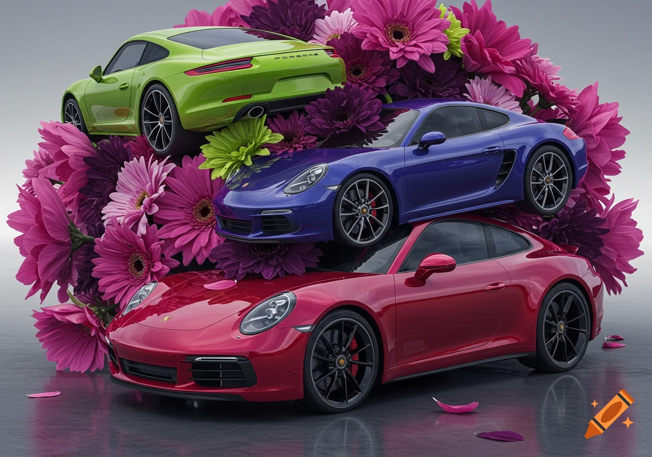 Three colorful Porsche sports cars, red, blue, and lime green, are arranged within a large, vibrant bouquet of pink and purple flowers.
