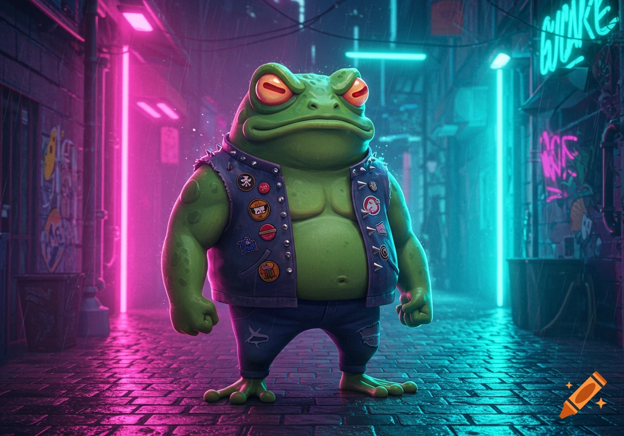 A muscular, grumpy anthropomorphic green frog in a studded vest and jeans stands in a neon-lit, rainy cyberpunk alley.