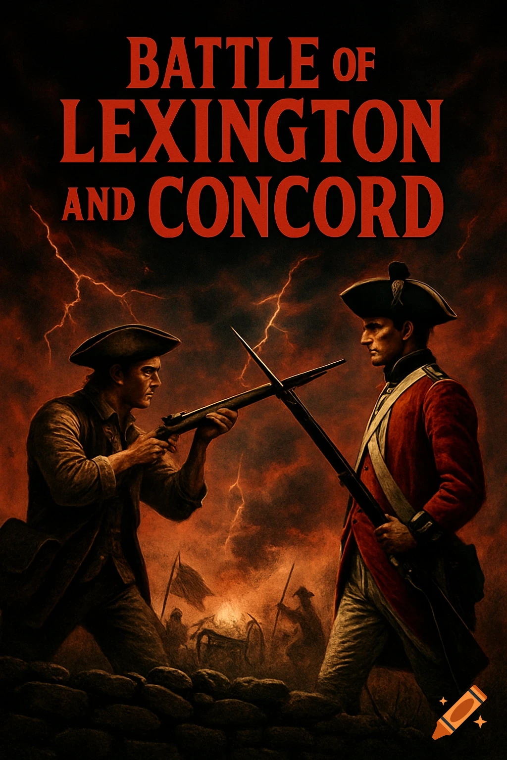 Dramatic movie poster for 'Battle of Lexington and Concord' depicting a colonial militiaman and a British soldier facing off under a stormy red sky with lightning.