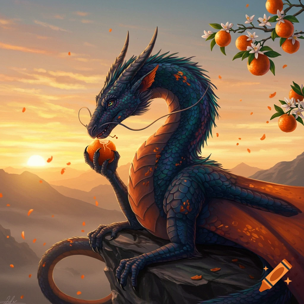 A blue and orange dragon sits on a mountain cliff at sunset, holding an orange, with an orange tree nearby.