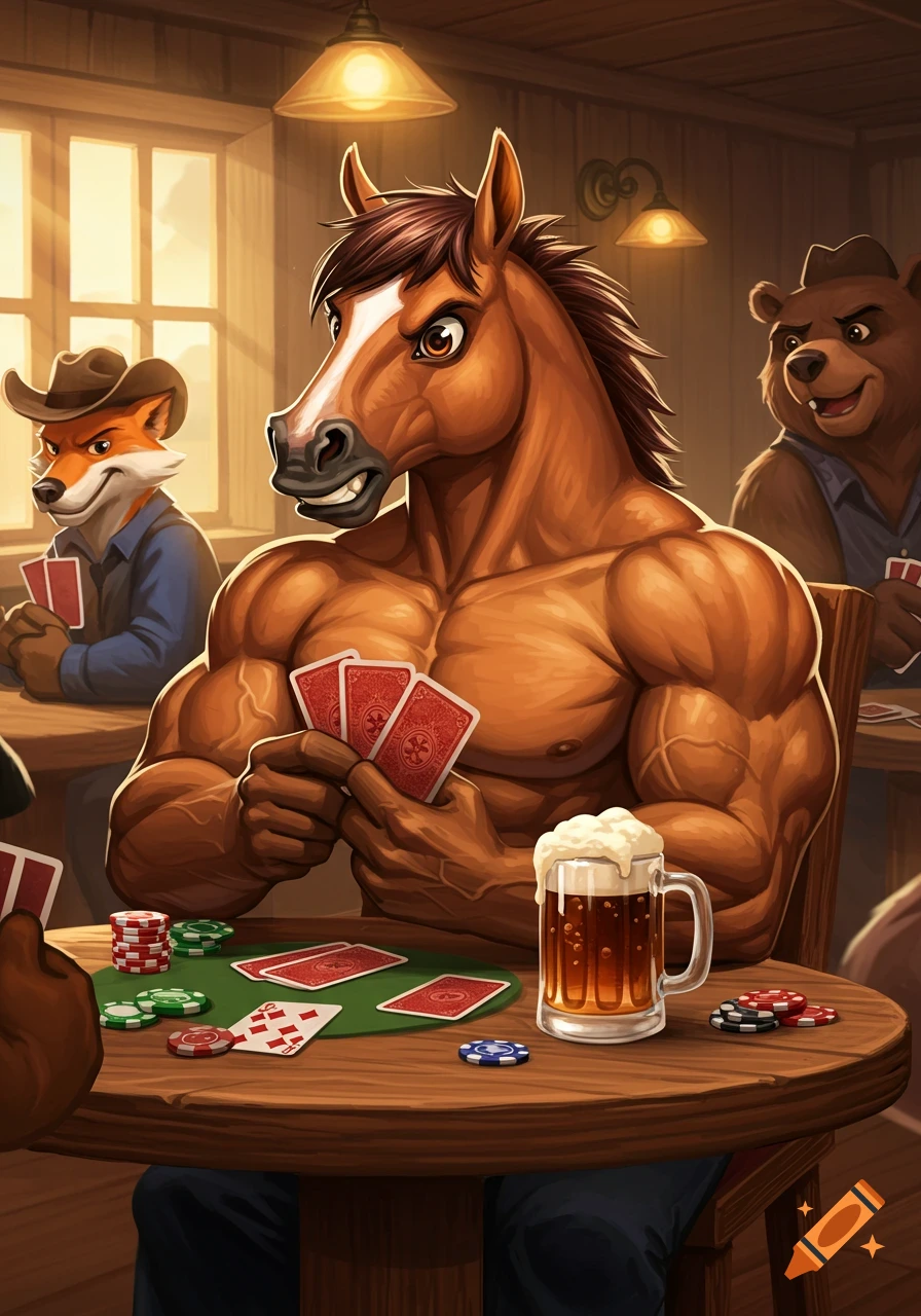 A muscular, shirtless cartoon horse with a stern expression holds playing cards at a poker table with a fox and a bear, holding a beer mug.