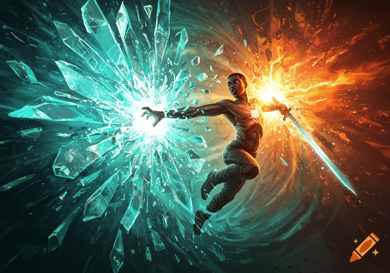 A dynamic fantasy art illustration of a person bursting through a crystal barrier, wielding teal energy and an orange fiery sword.