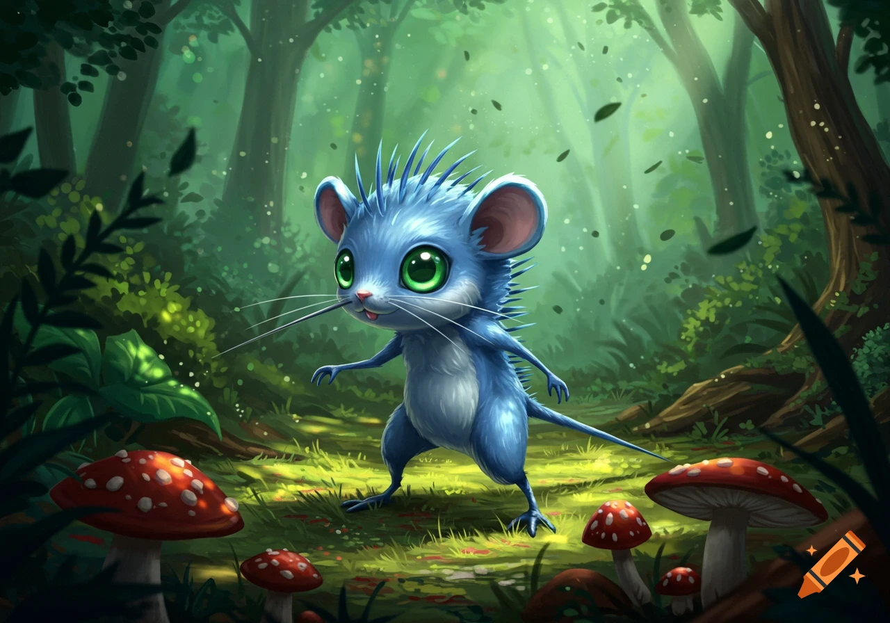A cute, blue, spiky, mouse-like creature with large green eyes stands in a vibrant, magical forest with red-capped mushrooms.