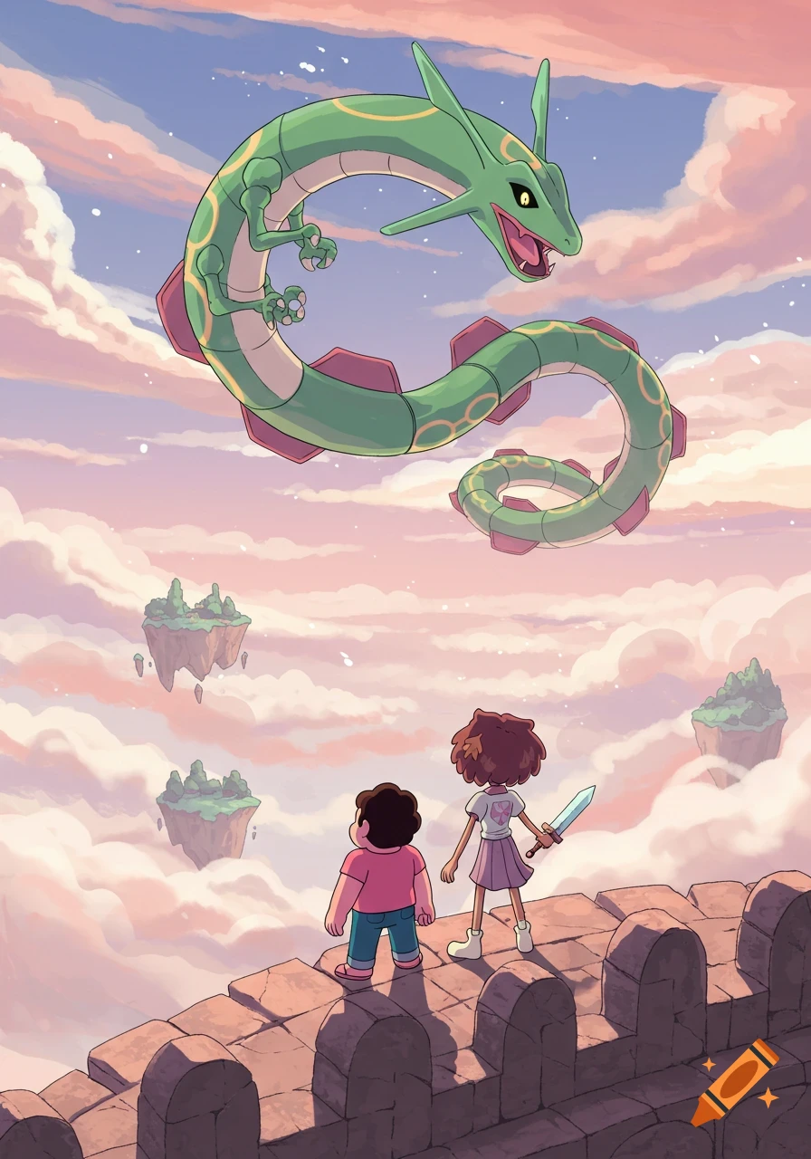 Steven Universe and Anne Boonchuy stand on a castle wall, looking up at Rayquaza flying among floating islands in a pastel sky.