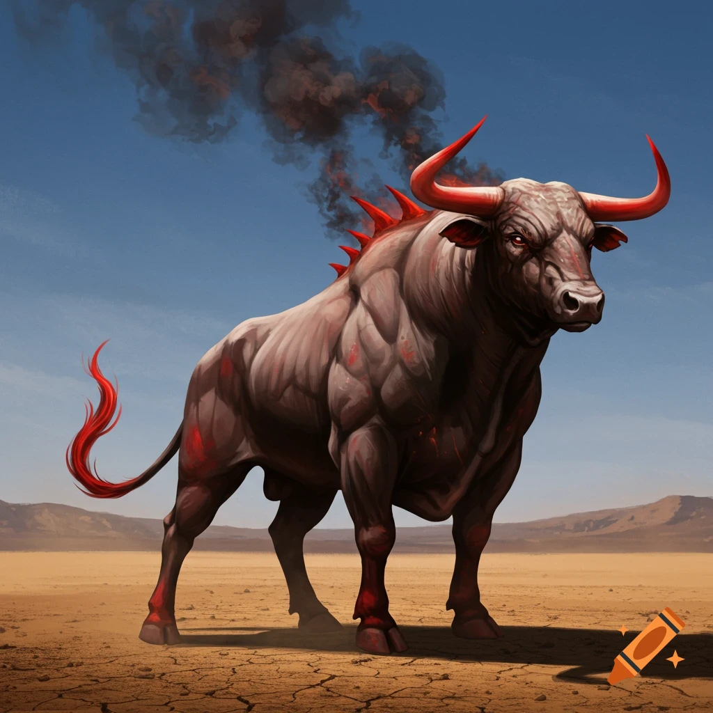 A muscular, stylized bull with glowing red horns, a spiky red mane, and dark smoke rising from its back stands in a cracked desert.