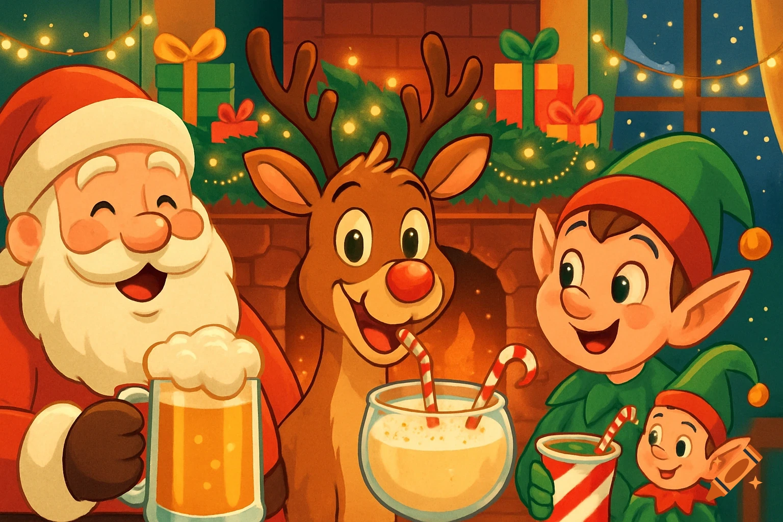 Cartoonish Santa, reindeer, and elves cheerfully drink festive beverages in a cozy Christmas setting with a fireplace and presents.