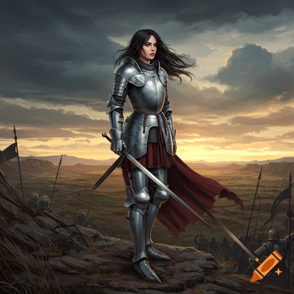 Female warrior in silver plate armor holding a sword, standing on a rocky hill overlooking a battlefield at sunset, digital painting.