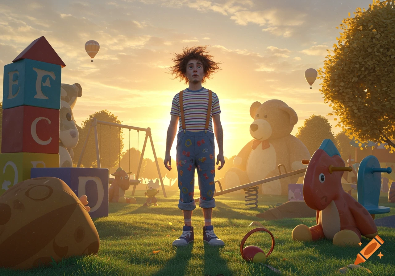 A child-like figure with wild hair stands in a whimsical playground at sunset, surrounded by giant toys, 3D render.