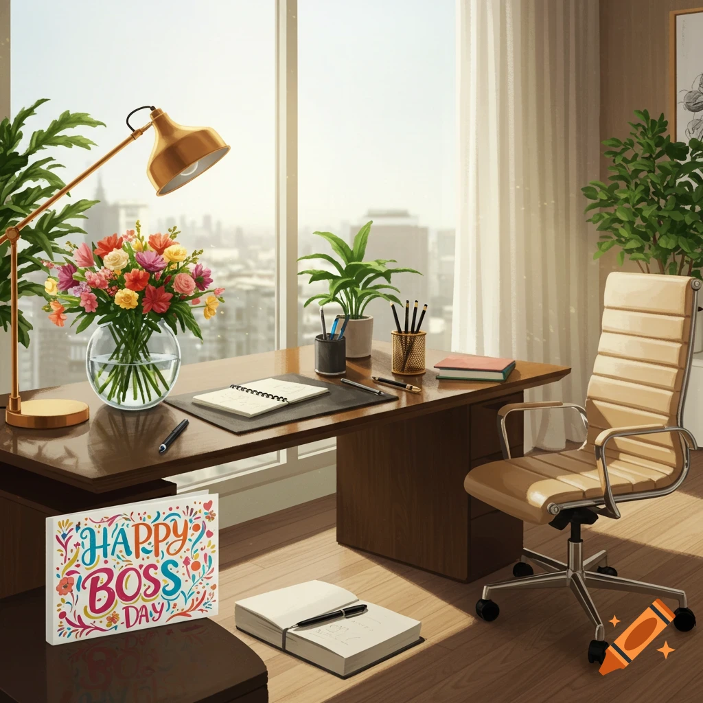 A well-lit office desk with a colorful bouquet, office supplies, an open notebook, and a 'Happy Boss Day' card, overlooking a city.