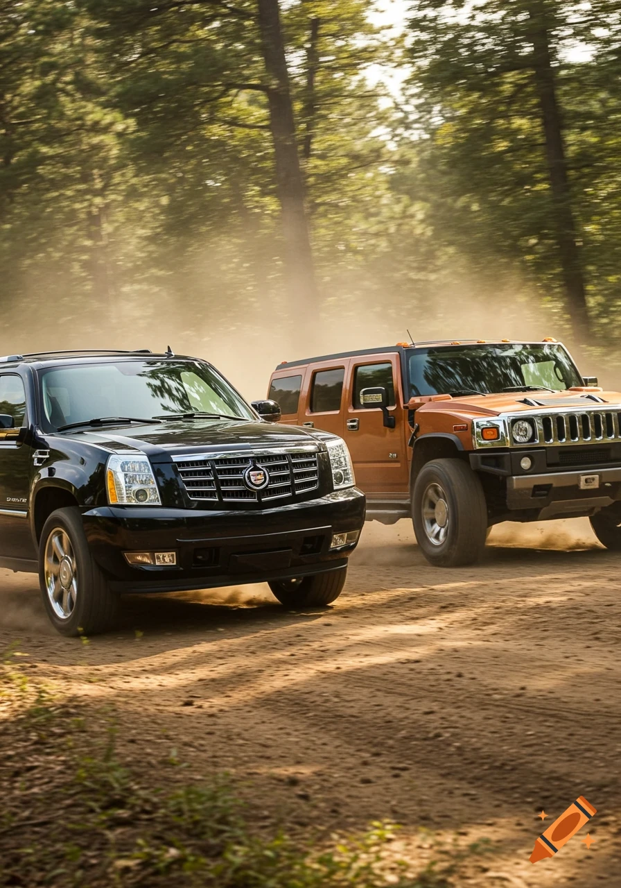 A black Cadillac Escalade and a copper Hummer H2 driving on a dusty dirt road through a forest.