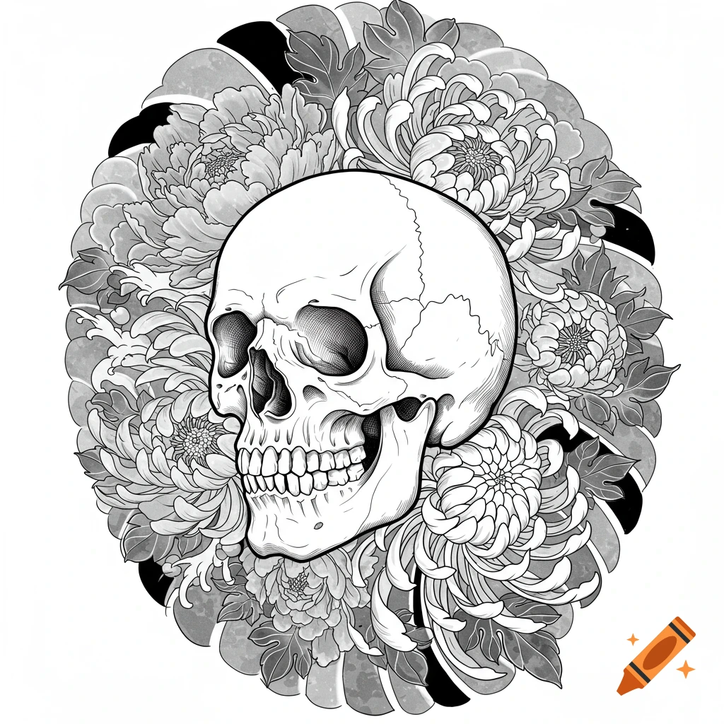 A black and white Japanese wabori tattoo stencil of a skull surrounded by peonies and chrysanthemums.